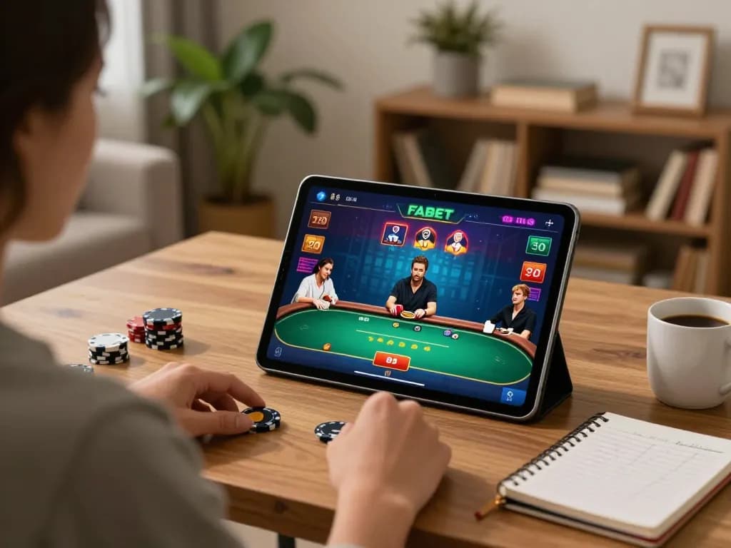 Engaging gameplay on FABET poker app shown on tablet in cozy home setting.