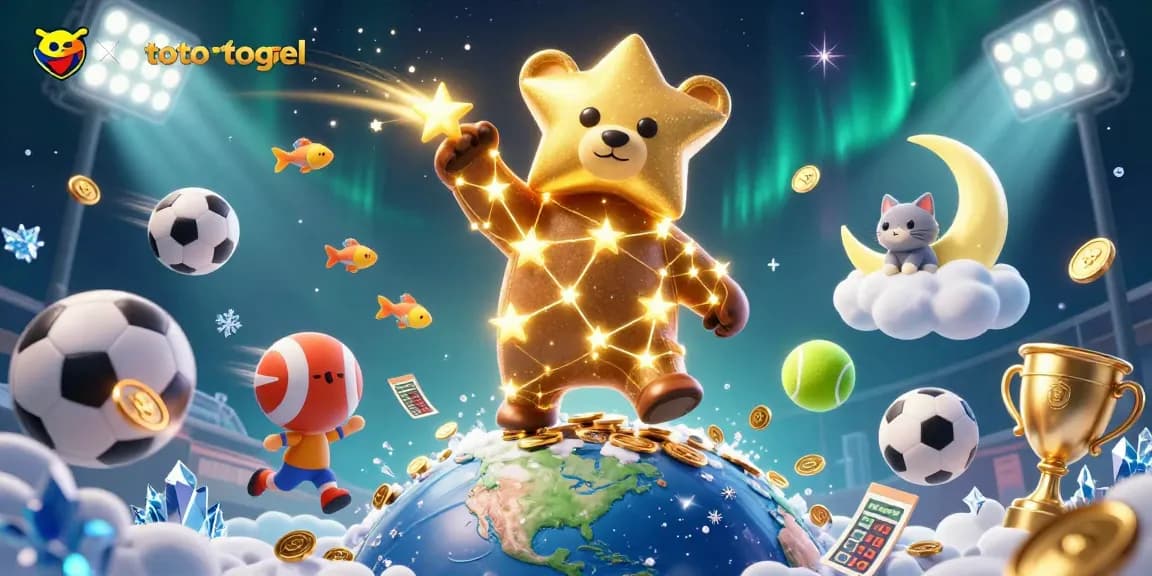 Engaging scene for toto togel featuring a constellation bear, sports elements, and a crescent moon cat.