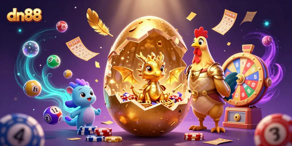 Engaging dn88 illustration showing a mother hen and baby dragon amidst vibrant casino elements.