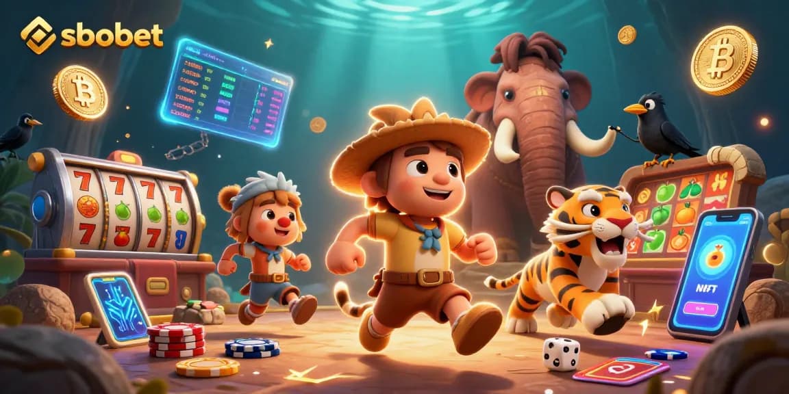 sbobet brings thrilling prehistoric gaming to life with a dynamic casino scene featuring unique characters and elements.