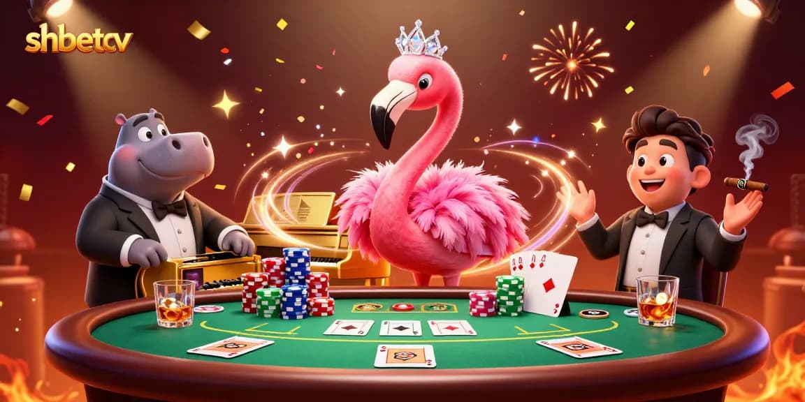 Experience the excitement of shbetcv with a lively casino illustration featuring vibrant characters, cards, and chips.