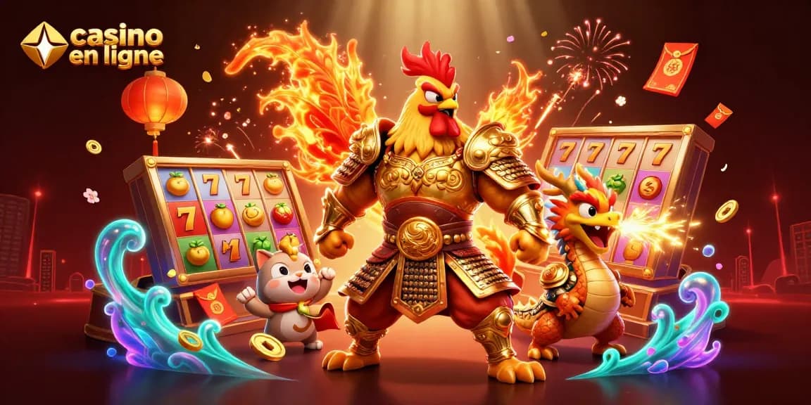 Plongez dans l'univers passionnant du casino en ligne avec cette illustration d'un coq guerrier et un dragon.