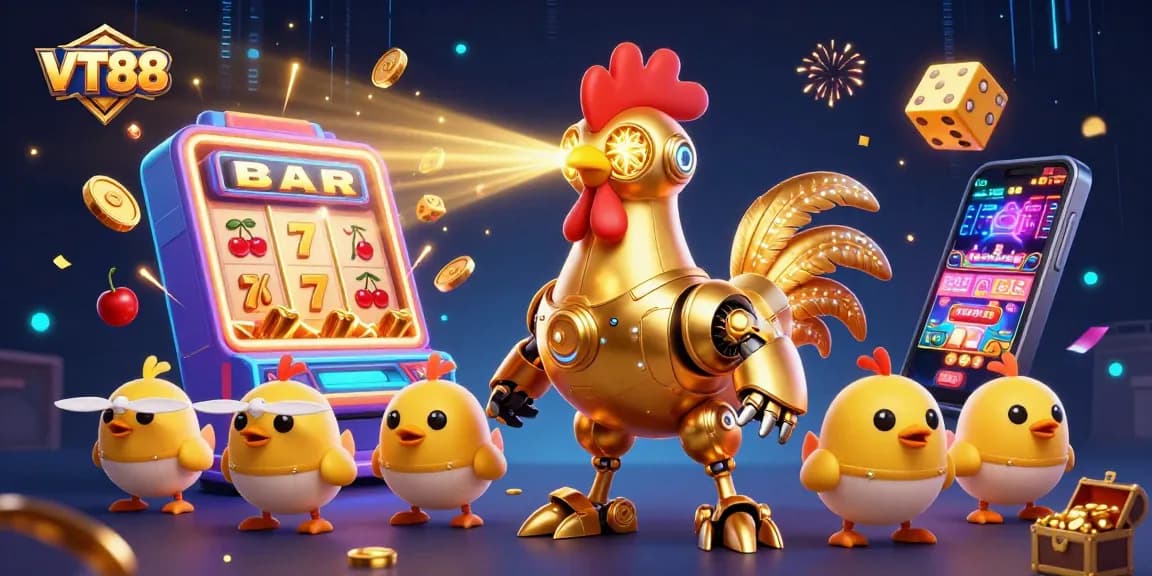 Experience thrilling gaming action with VT88 in this vibrant 3D casino illustration.