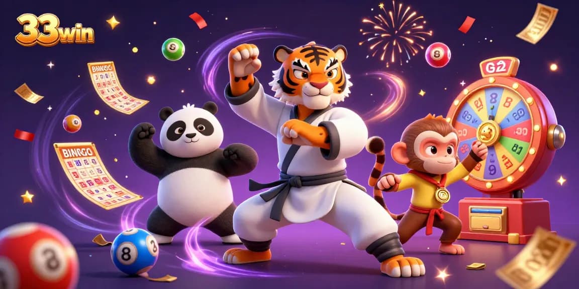 Engage with 33win's lively atmosphere featuring animated characters amidst colorful gambling elements.