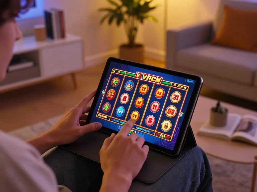 W88 player engaging with slots on tablet in a cozy home setting, showcasing online gambling excitement.