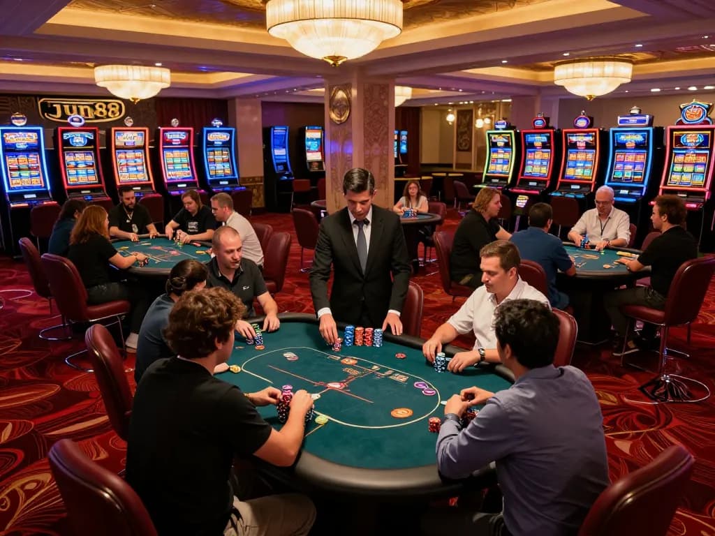 Experience the excitement at Jun88 Pizza with players engrossed in strategic poker action at luxurious tables.