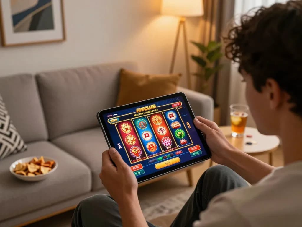 Hitclub player engaged in online gaming, enjoying a cozy home atmosphere with tablet and snacks.