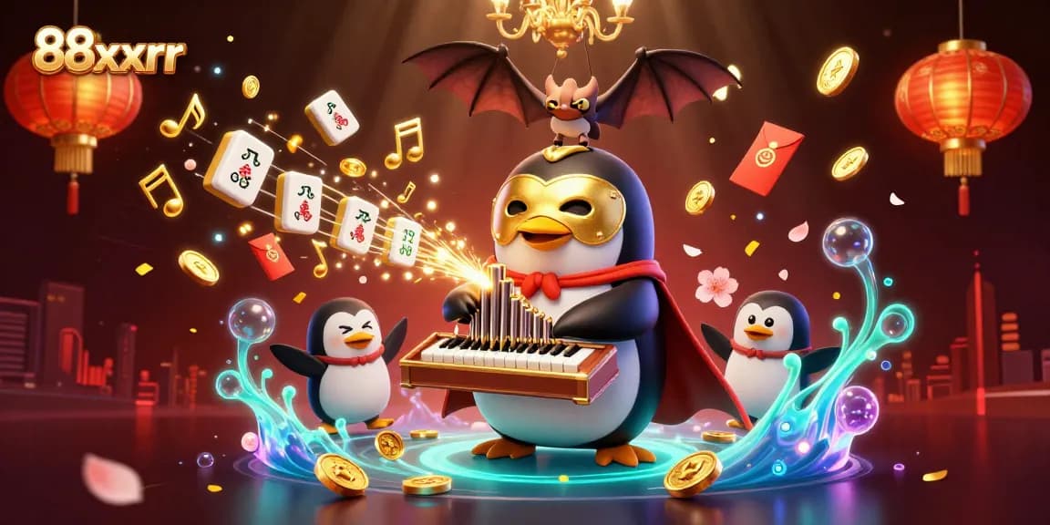 Engage in winning moments with 88xxrr while the phantom penguin plays casino-themed organ, surrounded by vibrant elements.