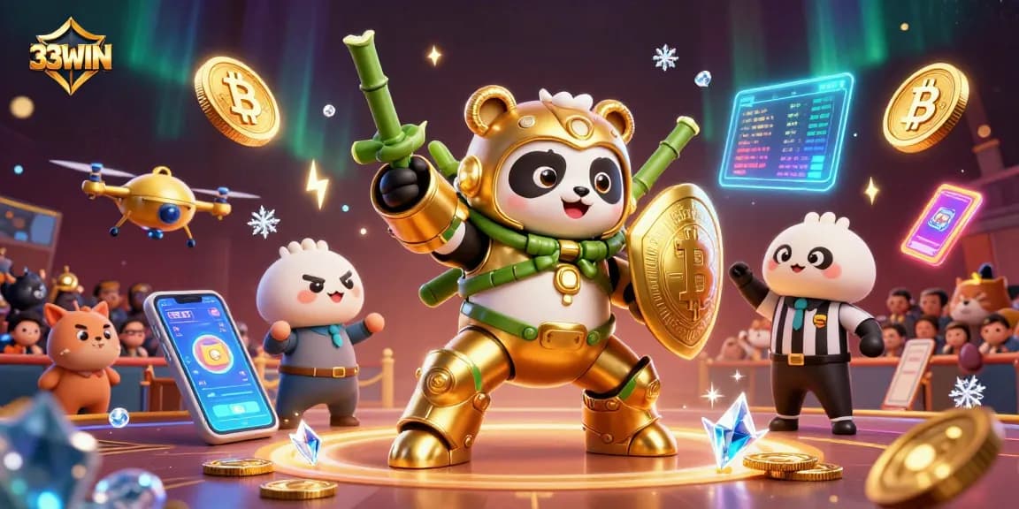 Engage in thrilling gameplay at 33WIN, featuring vibrant 3D characters and dynamic crypto elements.