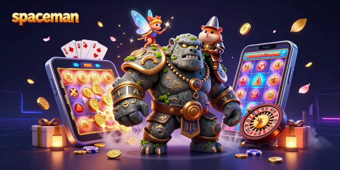 Engage with the spaceman slot game featuring a golem guardian and fairy amidst colorful casino elements.