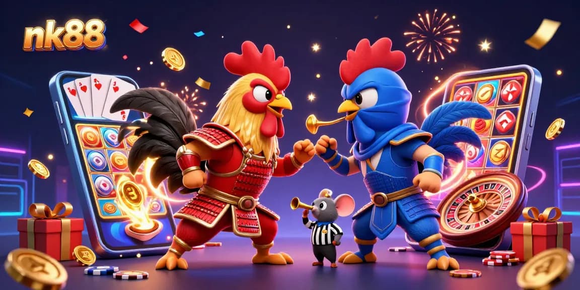 Engage with nk88's exciting modern casino experience featuring fighting roosters and vibrant gaming elements.
