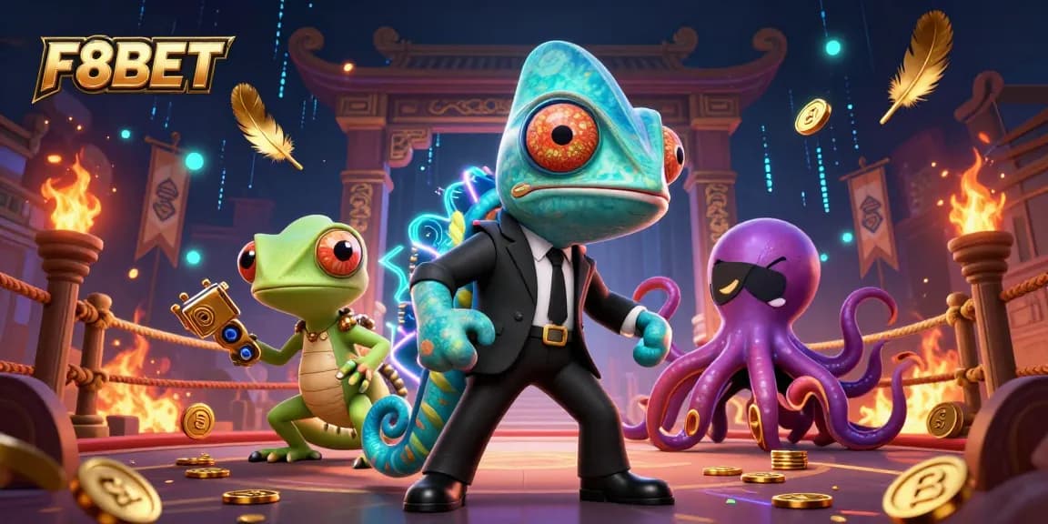 Join the excitement at F8BET with a thrilling casino scene featuring animated characters and vibrant gaming elements.