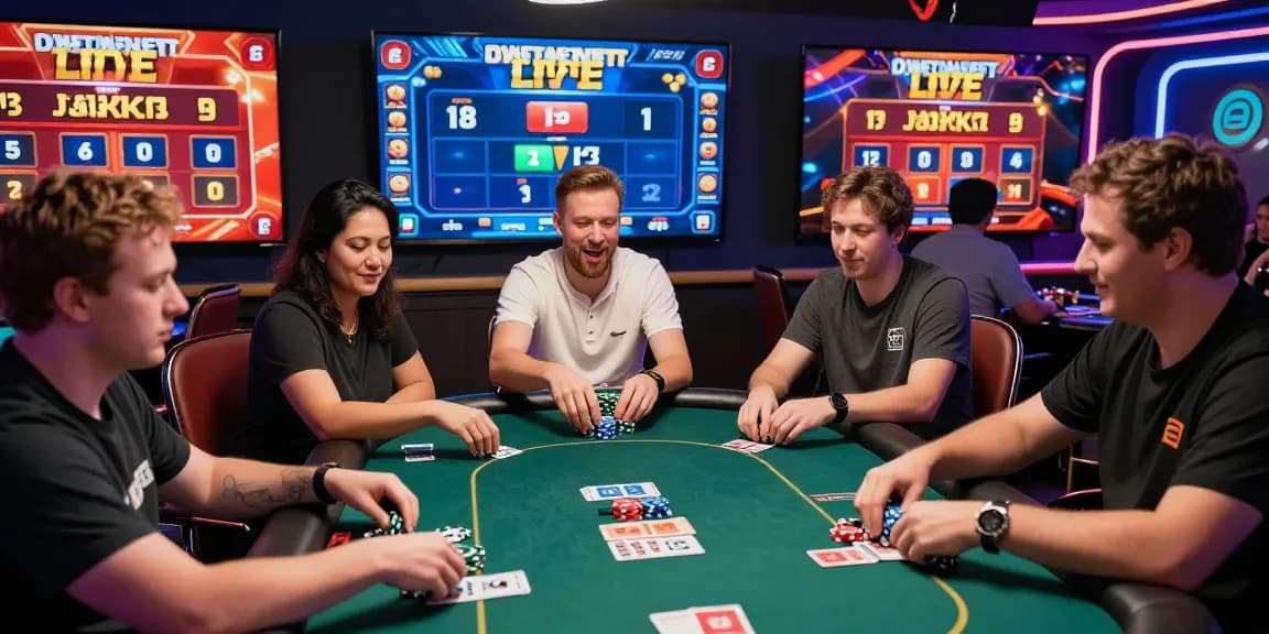 Dewapoker Live Jackpot tournament scene showcasing players celebrating wins and vibrant graphics in a virtual casino.