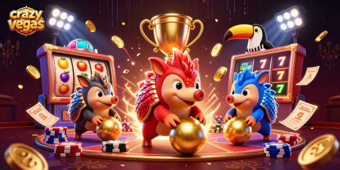 crazyvegas showcases a dynamic bowling game scene with rival pangolins, slot reels, and vibrant confetti