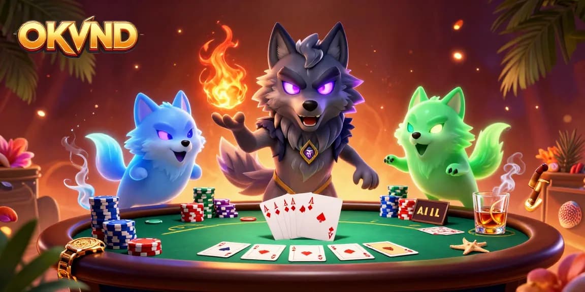 OKVND illuminates a dynamic poker scene with spectral wolves and vibrant gaming elements.