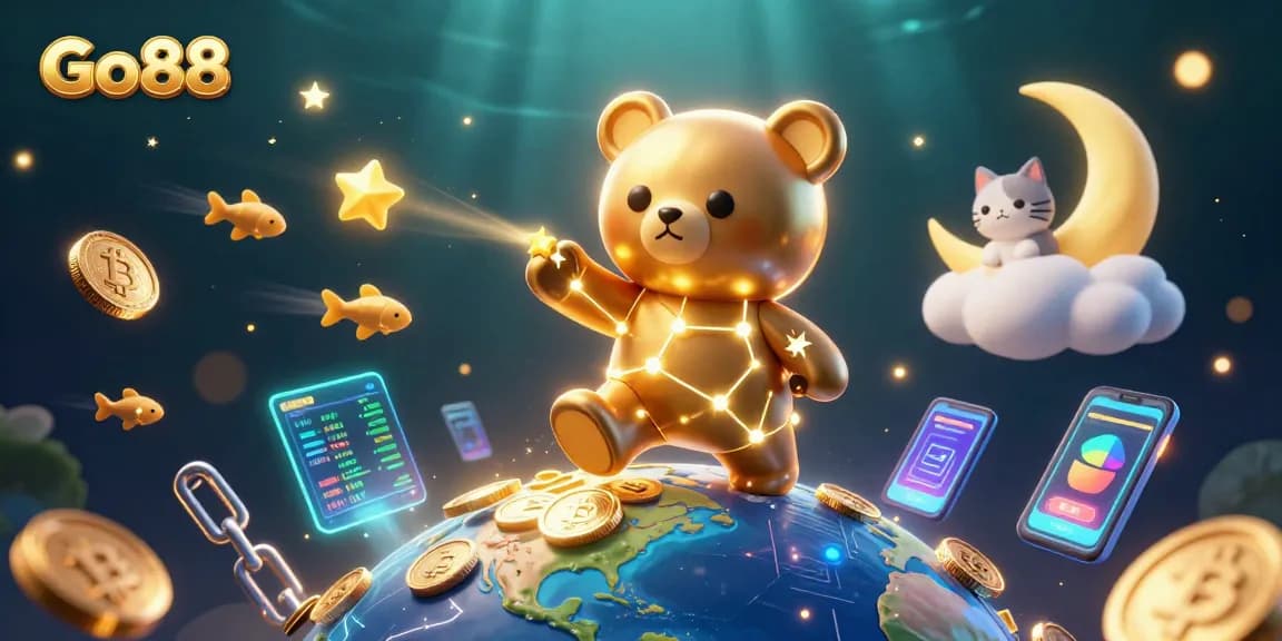 Experience gaming at Go88 with exciting illustrations of playful characters scooping coins in a vibrant casino.