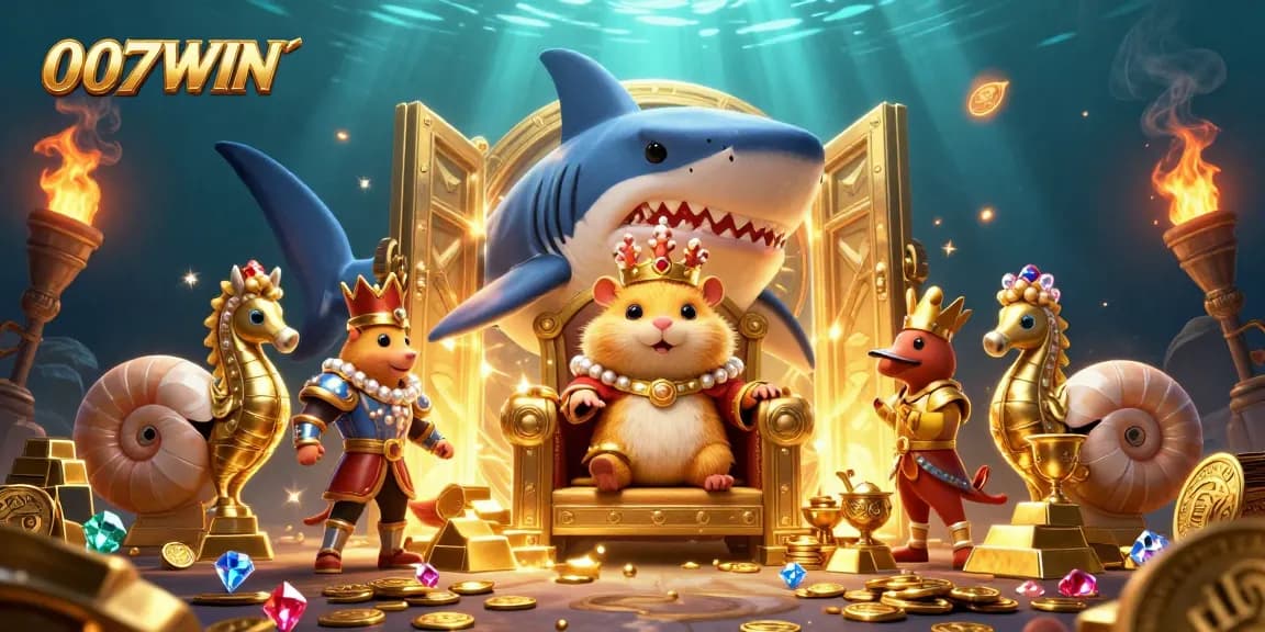Experience the excitement of 007WIN with a royal hamster king in a treasure-filled casino wonderland.