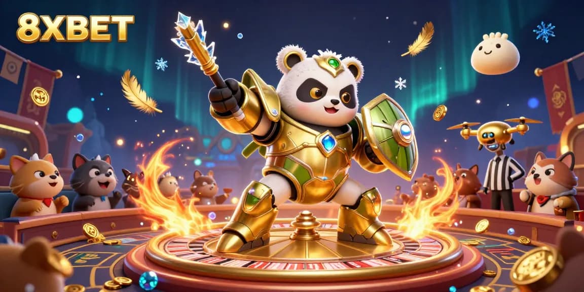 Experience thrilling betting action at 8XBET with a mech-suit panda battling in a vibrant casino arena.