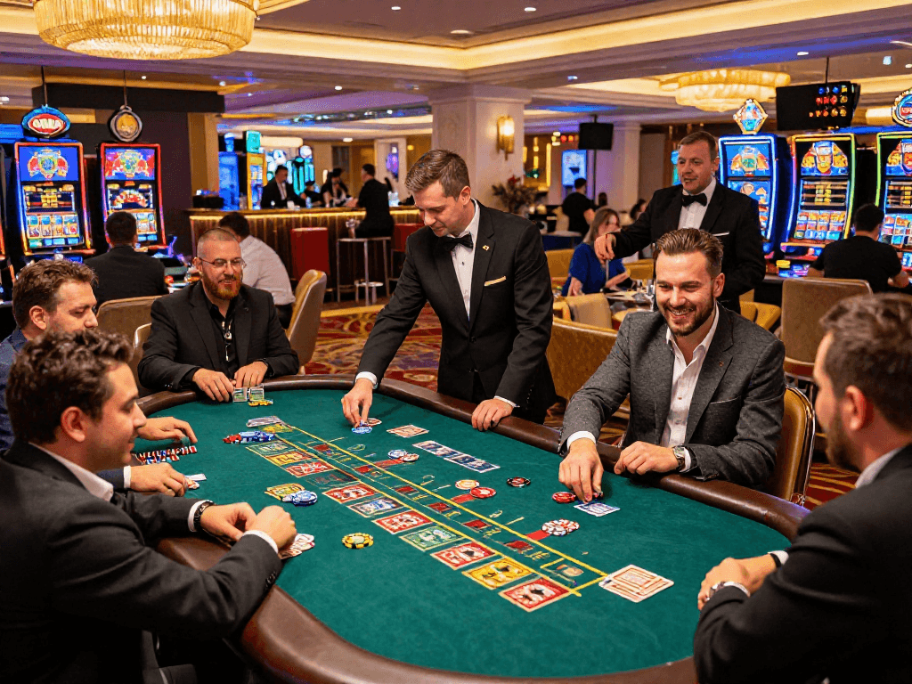 Gioco entusiasta in un casinò non AAMS, con scommettitori felici attorno al tavolo della roulette.