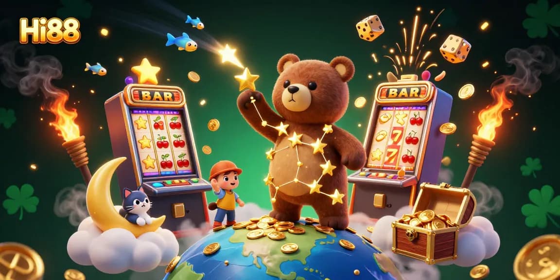 Hi88 celebrates vibrant slots with a dazzling 3D illustration of casino elements and winning icons.