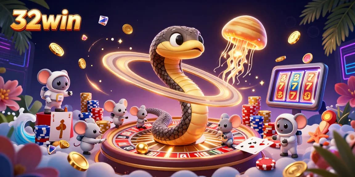 Place bets on 32win's cosmic roulette wheel with astronaut mice and a golden jellyfish dealer