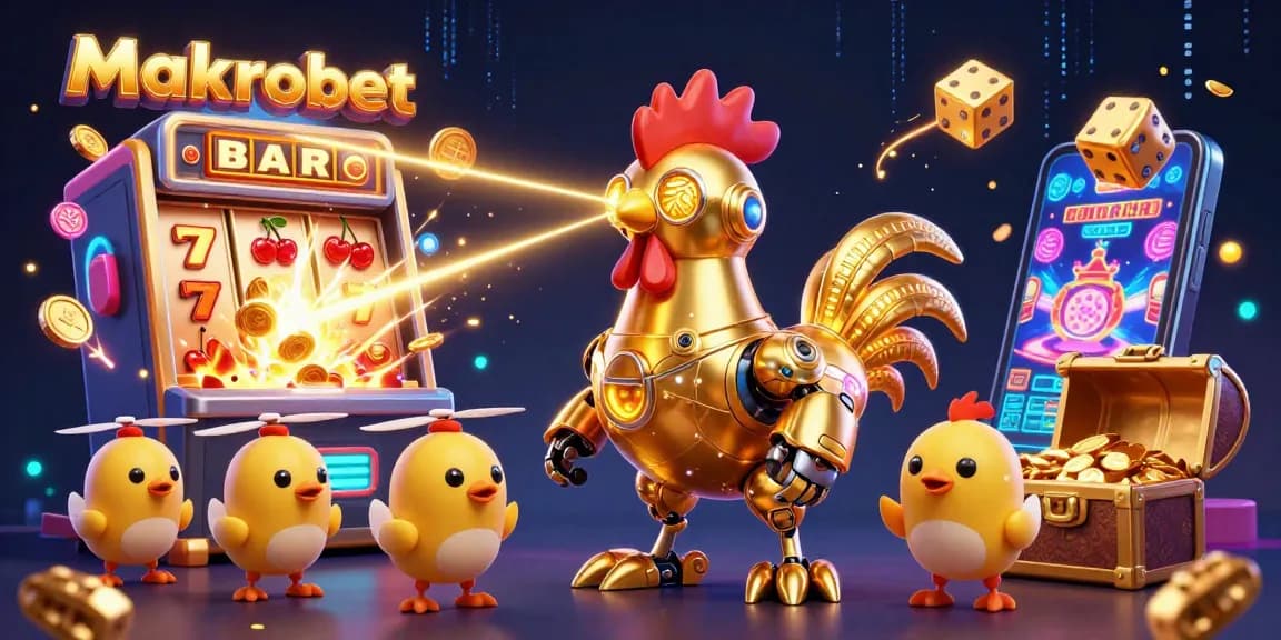 Experience thrilling wins with Makrobet as golden rooster robot and baby chick drones elevate your gaming action.