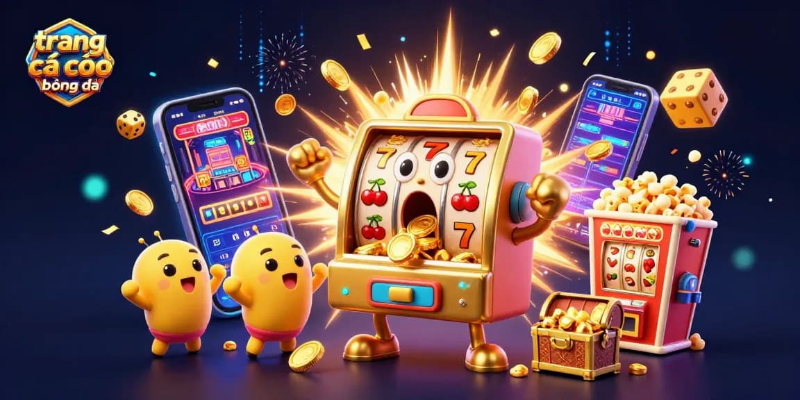 Bet on trang cá cược bóng đá while enjoying a vibrant illustration of cartoon slot machines celebrating a jackpot.
