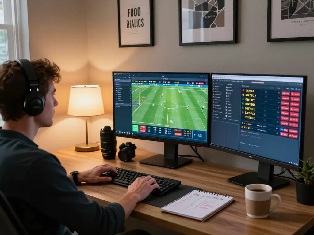 Kèo Nhà Cái Hôm Nay: Person analyzing betting strategies on multiple screens in home office