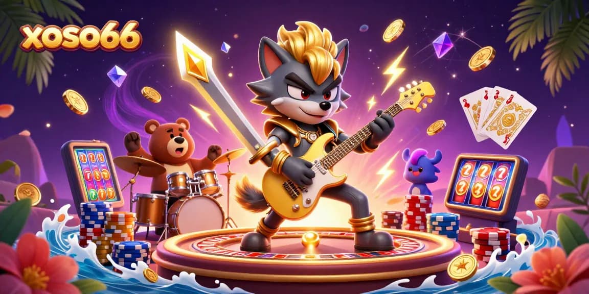 xoso66 brings thrilling casino excitement with cartoon wolf rock star and vibrant game elements.