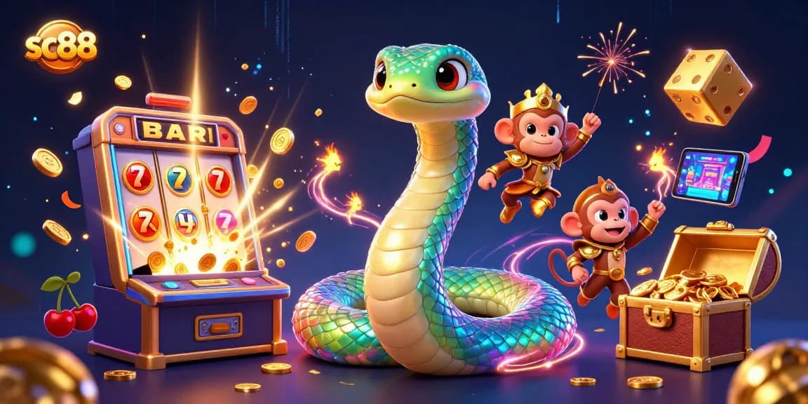 Experience the excitement of sc88 with a vibrant 3D illustration of a playful monkey and a colorful serpent amidst casino treasures.