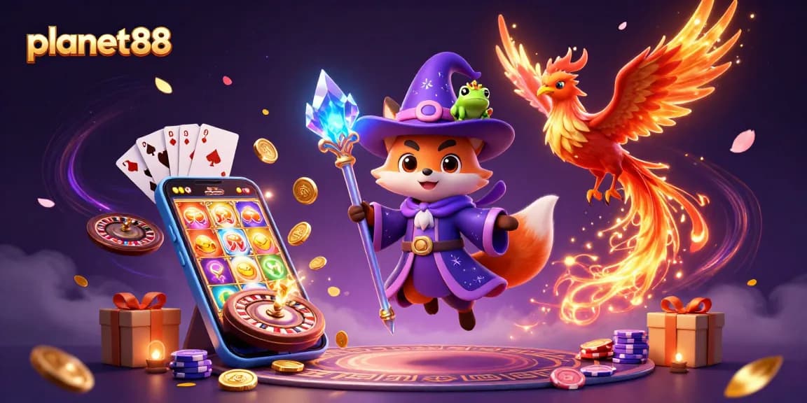 Experience thrilling wins at planet88 with a magical wizard and phoenix in a vibrant casino scene.