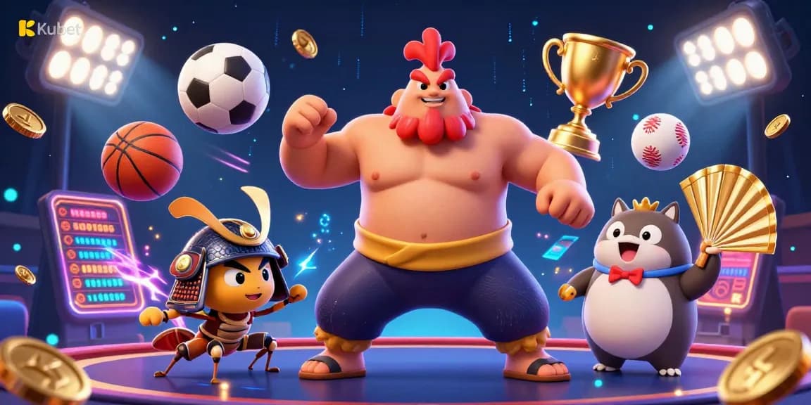 Kubet offers an exciting casino experience featuring a powerful rooster sumo wrestler and dynamic sports elements.
