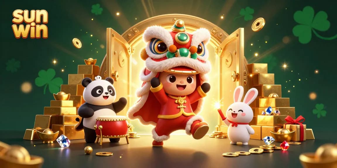 Experience exhilarating fun at sun win with cartoon lion dancing and dazzling treasures.