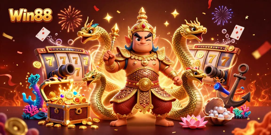 Win88 showcases a vibrant and engaging scene with a friendly yaksha and Naga dragons amidst colorful slot game elements.