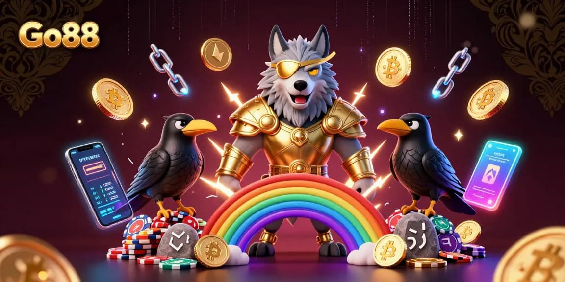 Go88 players experience thrilling moments with Odin and his magical ravens in a vibrant casino landscape.