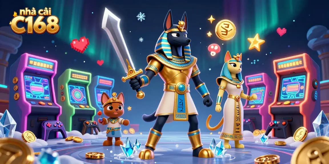 Experience gameplay at nhà cái C168 with an elaborate 3D illustration featuring Anubis and vibrant gaming elements.