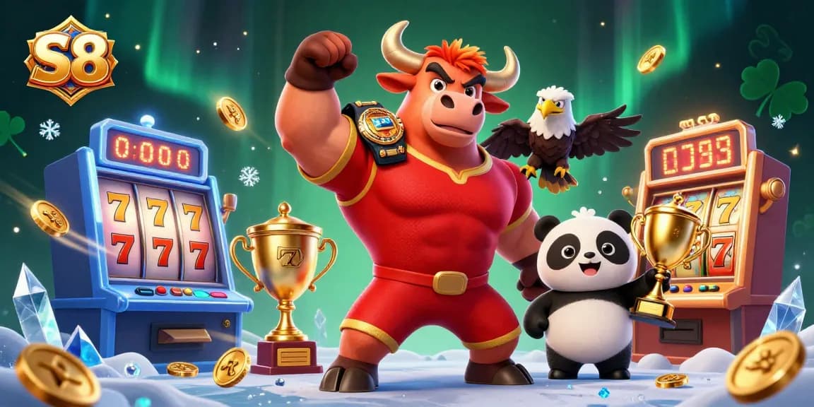 S8 players spin the jackpot reels in a vibrant online casino environment, celebrating wins surrounded by gold coins and trophies.