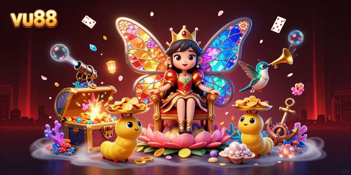Play exciting games at vu88 with an ultra-detailed scene featuring a butterfly queen, gold coins, and vibrant treasures.