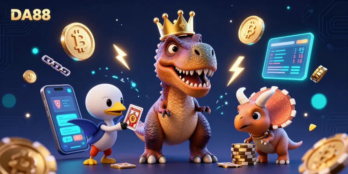 Experience thrilling gameplay at DA88 with cartoon dinosaurs engaging in casino activities and crypto elements.