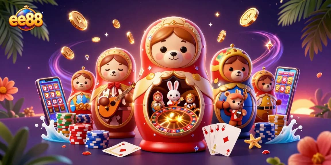 Experience fun and excitement with ee88's vibrant casino-themed illustration, combining thrilling game elements.