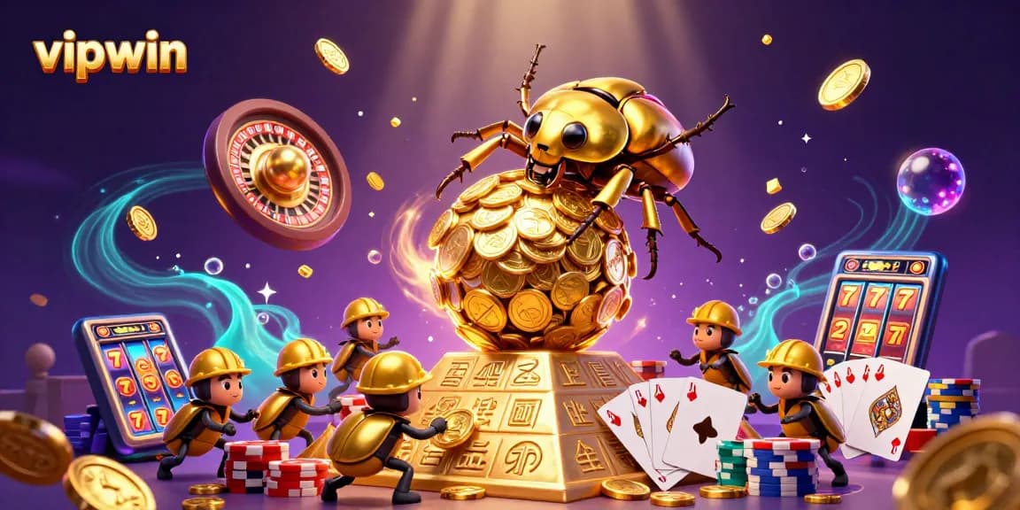 Engage with the thrilling world of vipwin as golden beetles roll coins up a pyramid surrounded by casino symbols.