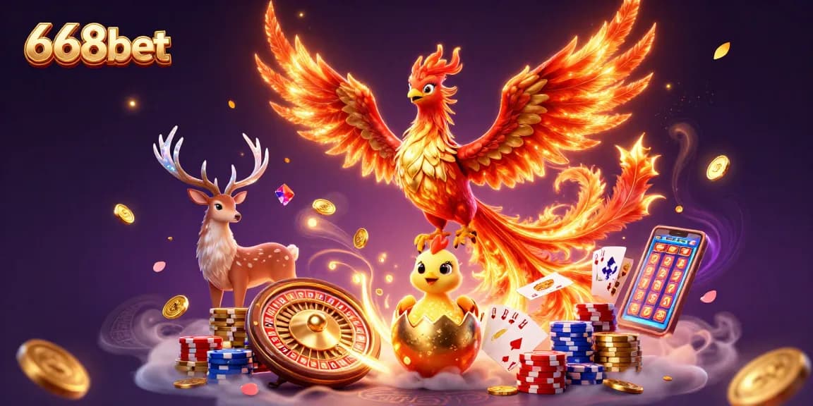 Experience the excitement of 668bet with a vibrant illustration depicting casino games and lucky moments.