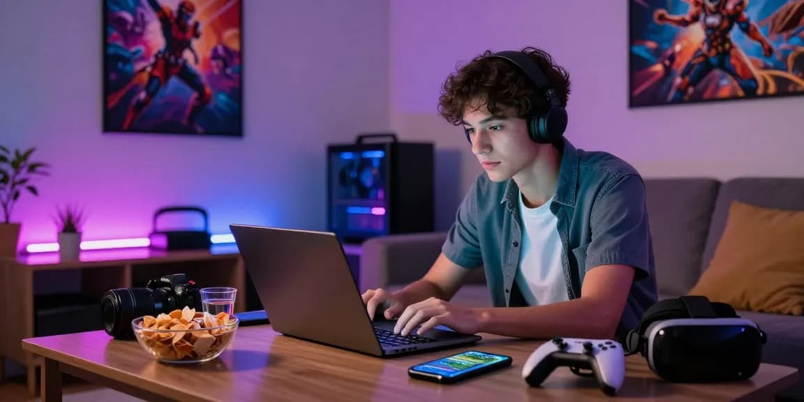 Sun win gamer intensely playing in a vibrant living room.