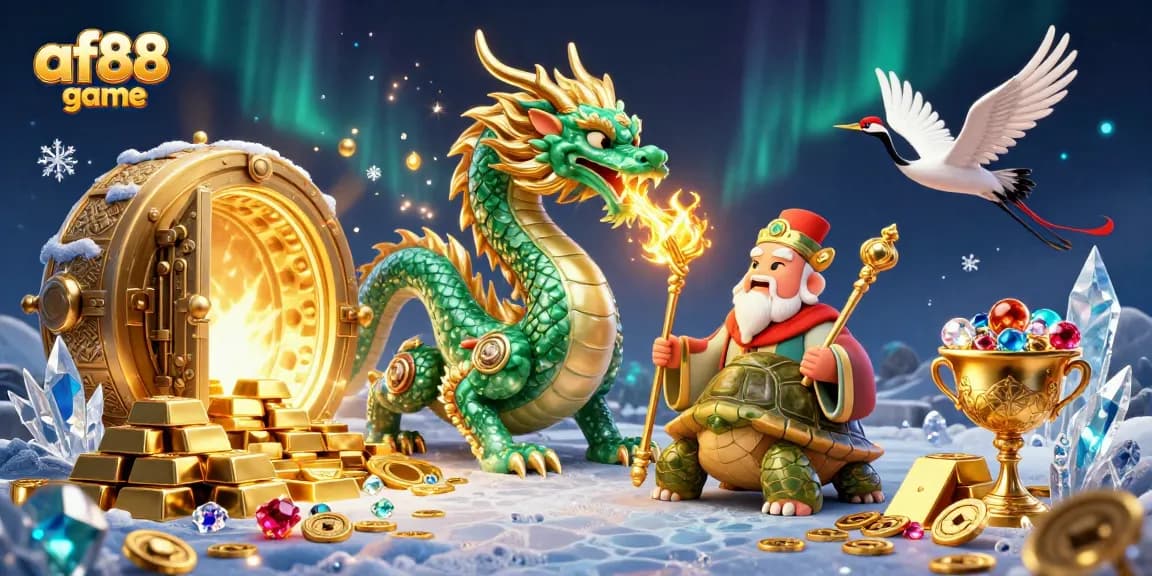 Engage with af88 game featuring a jade dragon and turtle sage amidst overflowing treasure.