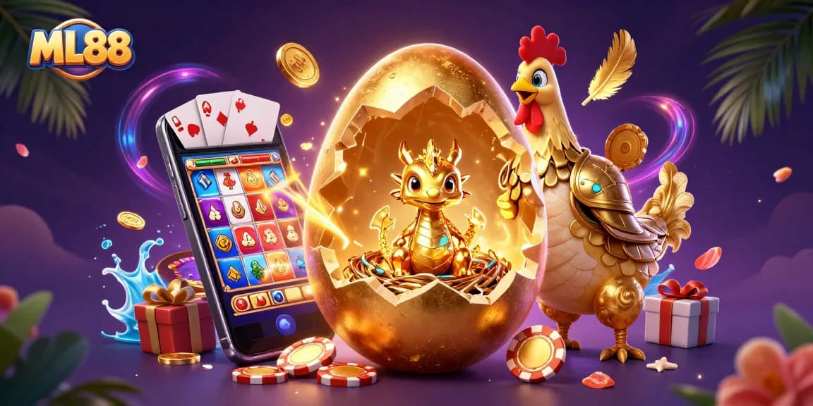ML88 features a golden dragon on poker chips with vibrant slot game elements around.