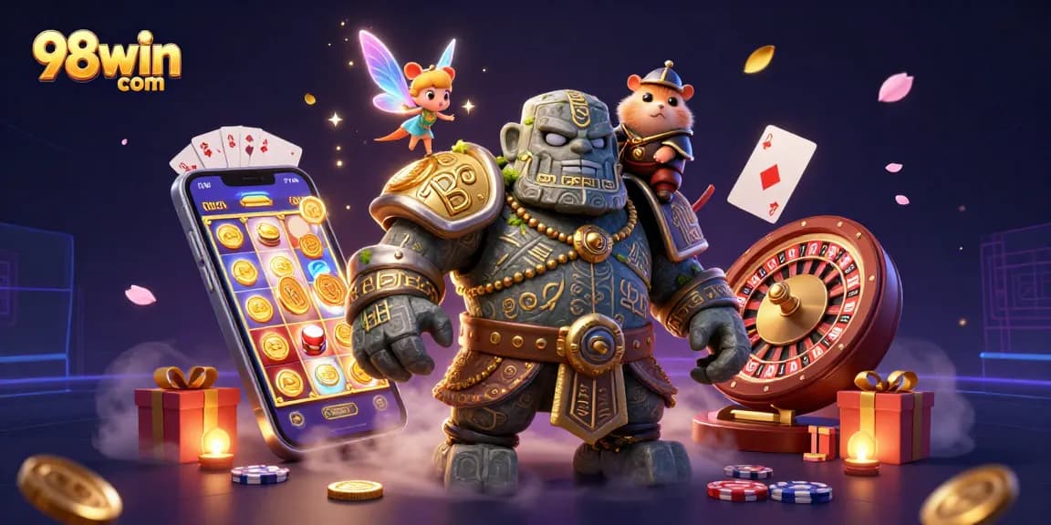 Spin to win with 98win com in this magical casino adventure featuring characters and gaming elements.