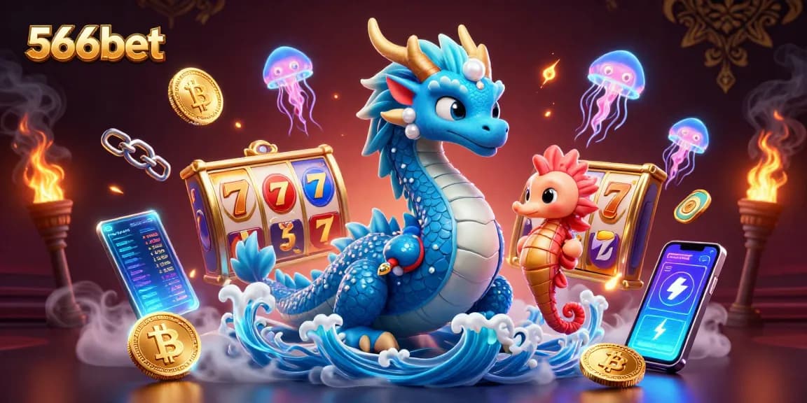 Engage in thrilling games with 566bet, surrounded by vibrant 3D casino elements and characters.