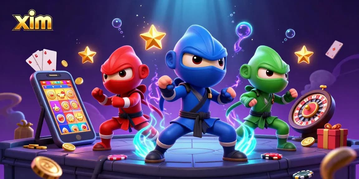 Xim showcases a dynamic illustration of ninja chameleons amid a casino-themed environment, highlighting stellar gaming action.