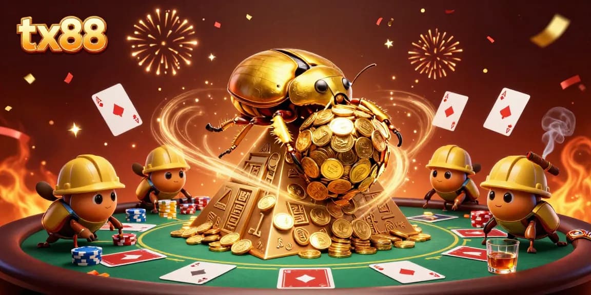 Experience the excitement of tx88 with a golden beetle rolling coins amidst a vibrant casino scene.