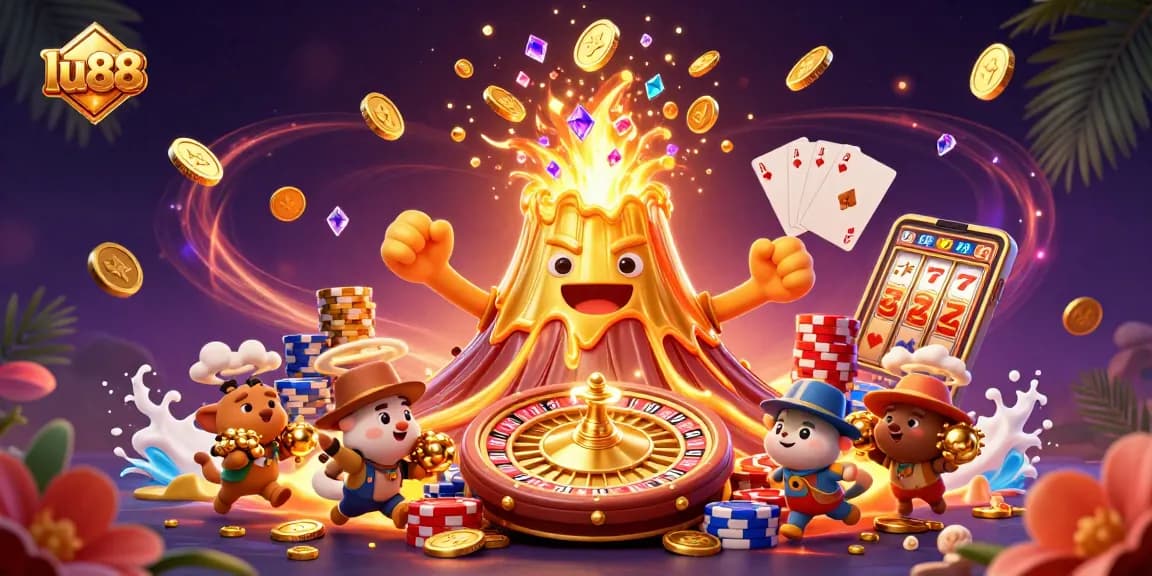 Join lu88 for thrilling moments as players chase treasures amid a volcano erupting coins and gems.